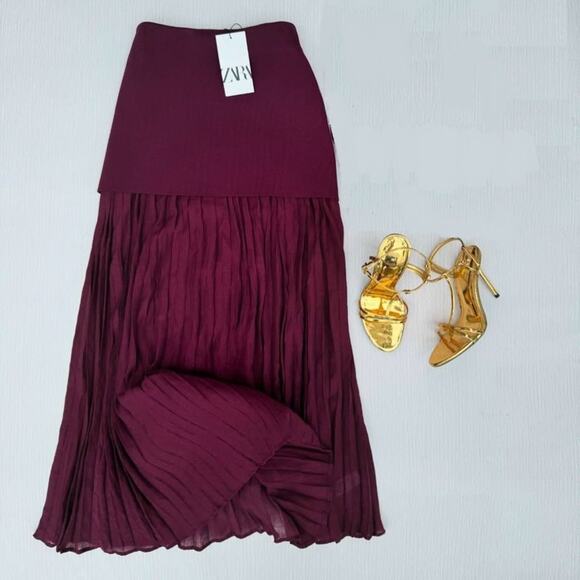 ZARA High-Waisted Pleated Skirt NWT | Burgundy Midi Mixed Media M - Picture 16 of 16
